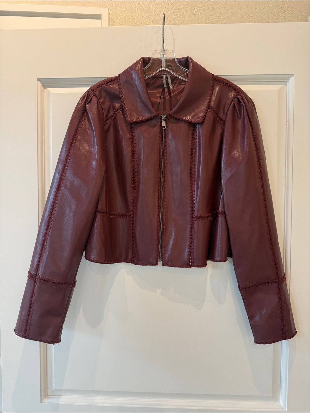 Anthropologie Cropped Burgundy Faux Leather Zip Jacket - Like new. Size S